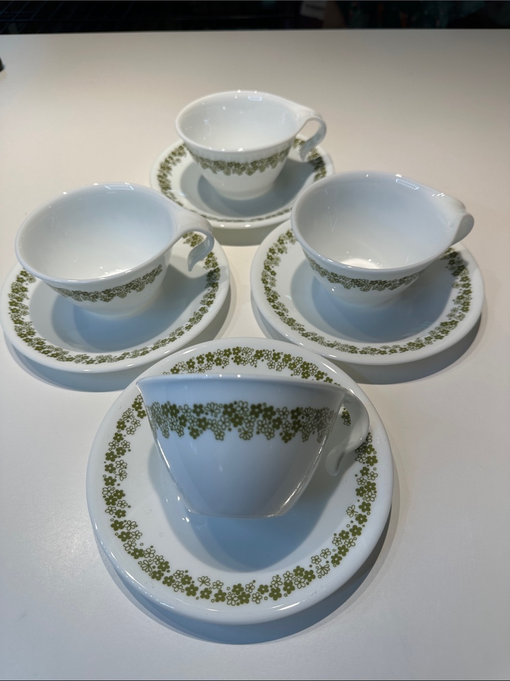 Vintage Spring Blossom “Crazy Daisy” Corelle Ware Hook Handle Cups & Saucers - 4